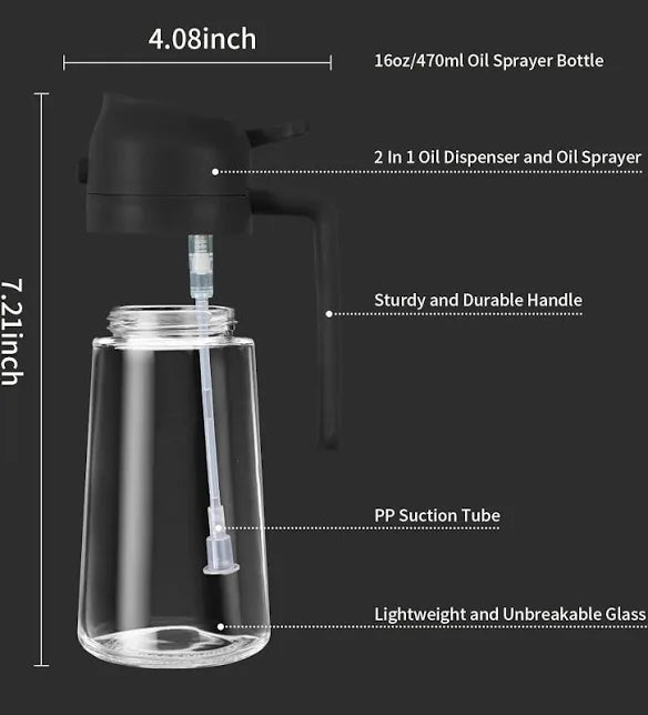 2-in-1 Sprayable & Pourable Oil Bottle | Dual Function Dispenser for Cooking.