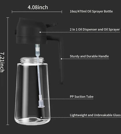 2-in-1 Sprayable & Pourable Oil Bottle | Dual Function Dispenser for Cooking.