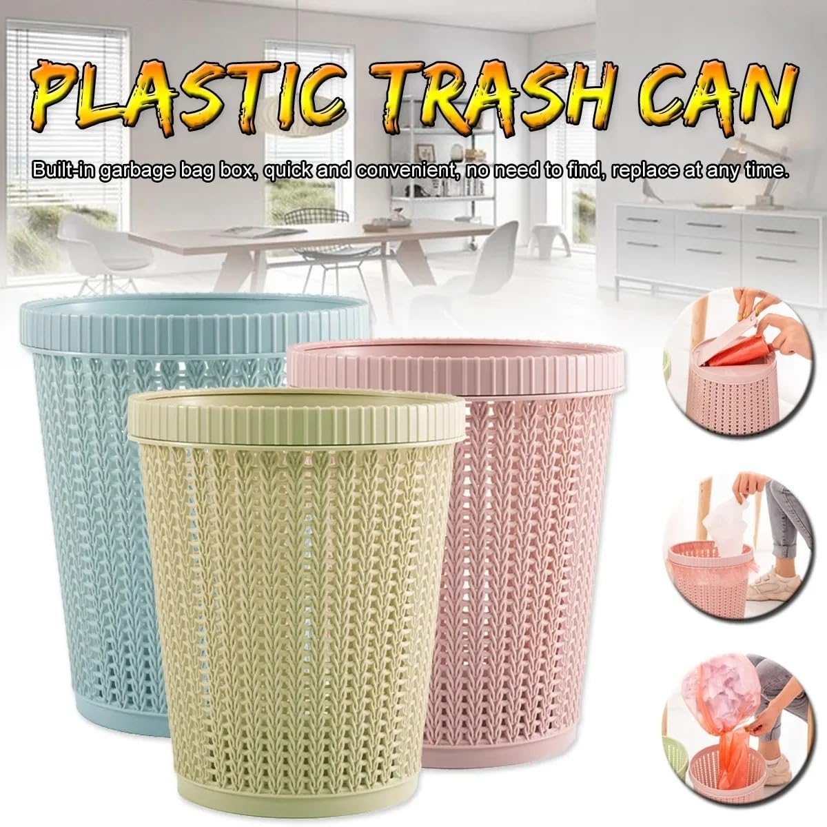 Creative Hollow Trash Can – Modern Waste Bin with Built-in Bag Storage & Automatic Bag Change (Blue)