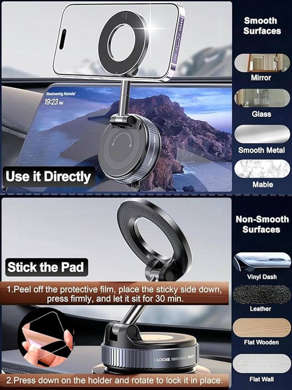 Magnetic Car Phone Holder – 360° Rotation | Strong Vacuum Suction | Heavy-Duty Aluminum Alloy | Foldable & Portable Adjustable Mount