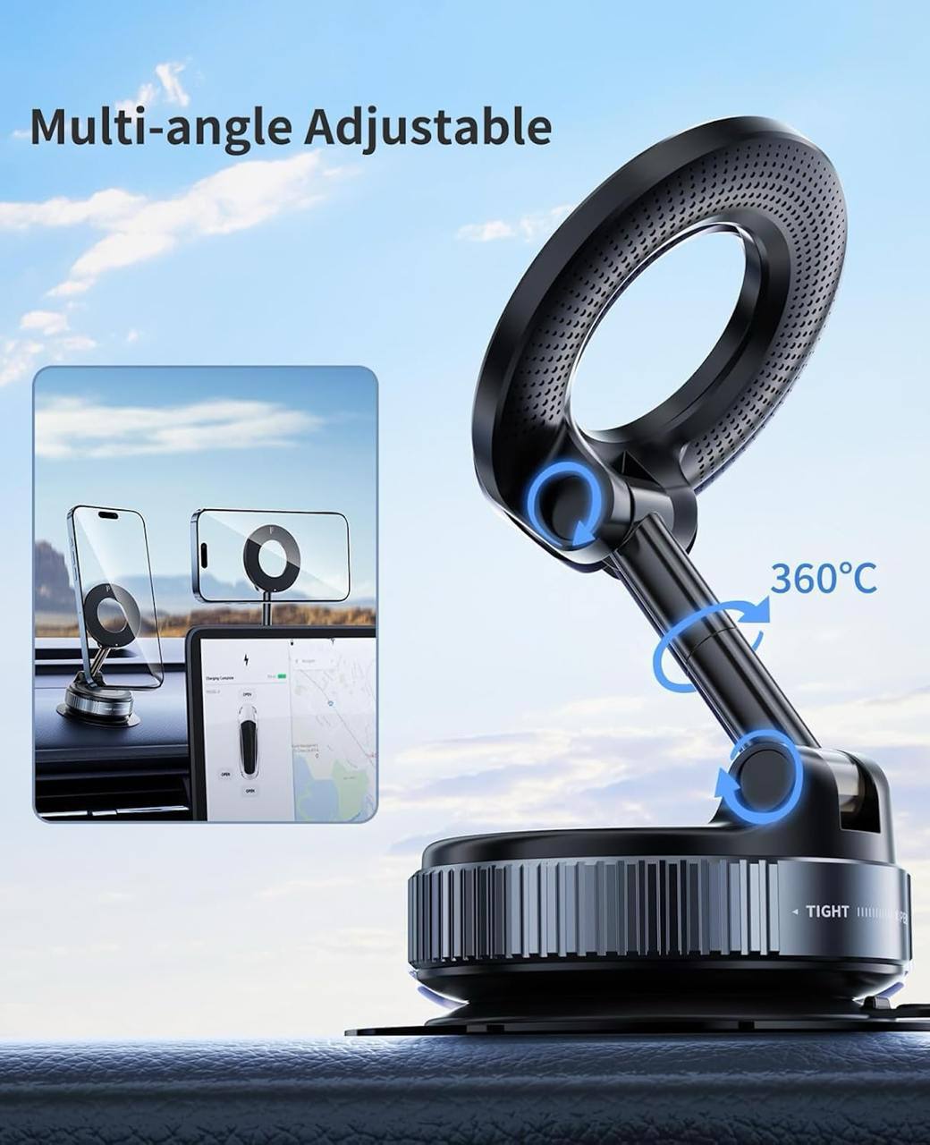 Magnetic Car Phone Holder – 360° Rotation | Strong Vacuum Suction | Heavy-Duty Aluminum Alloy | Foldable & Portable Adjustable Mount